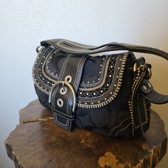 Coach 10484 Y2K Soho Black Signature Jacquard & Leather Studded Buckle Shoulder - Picture 7 of 16